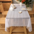 White lace tablecloth with hollow geometric floral patterns and tassel fringe trim - Small Wavy Circles / 140*100