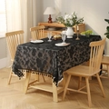 Elegant black lace tablecloth with hollow floral patterns and fringe edges - Black Floral Bird