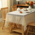Bohemian cream lace tablecloth with intricate hollow patterns and elegant fringe tassels - Beige Dot