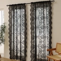 Eleganter schwarzer Spitzenvorhang mit Blumenmustern und Wellenrand für das Zimmer - Schwarzer Französischer Stil Einseitig / 140*260cm