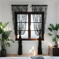 Detail of black French lace curtains with floral patterns and white tiebacks on wood rod - 100*140cm / Black Flower Mirror