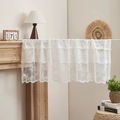 Detailed embroidery on white lace cafe curtain with decorative pom-pom fringe trim - 175*45 / American White Lace