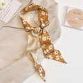Floral print satin skinny scarf used as a decorative necktie on a beige blazer - CT-425-Dark Coffee