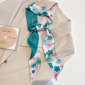 Floral print narrow silk scarf styled on beige blazer with elegant silk texture and patterns - Milan Pink Blue Floral (CT-420)