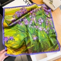 Artistic silk square scarf featuring Van Gogh's Iris print with yellow and green tones - Green/Purple (ZS-279-) / 53*53cm