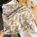 Elegant mulberry silk square scarf with yellow iris floral print and satin finish - Beige / 53*53cm