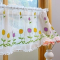Sheer white cafe curtain with tulip embroidery and pom-pom trim for kitchen windows - 100*60 / Tulip Embroidery