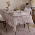 Vintage light pink lace tablecloth with white floral embroidery and ruffled edge - Pink Round Mirror Flower (Ruffled)