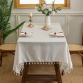 Nappe en lin beige avec glands blancs élégants pour une décoration de table raffinée - 140*100 / Ivoire