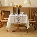 Vintage European floral embroidered linen tablecloth with cream base and fringe tassels - 140x100CM / Creamy White Palace Flower