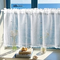 Japanese style white linen cafe curtain with black cat prints and pom-pom trim - 100*60CM / Kitten Embroidery