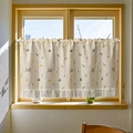 Linen cafe curtain with yellow floral embroidery and ruffled edge in cream finish - 100x60cm / Beige Wheat Ear