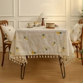 Linen table cloth with lemon and pineapple embroidery and white tassel fringe - 60*60cm / Pineapple Embroidery (Yellow)