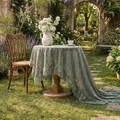 Sage green round lace tablecloth with floral embroidery and ruffled edges for dining - French Peony Ruffle - Green