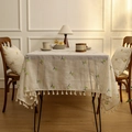 Cream linen tablecloth with green cherry embroidery and elegant beige tassel fringe - 60*60cm / Cherry Embroidery (Green)