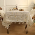 Beige linen tablecloth with yellow floral embroidery and white cotton tassels on the edges - 60*60cm / Cherry Embroidery (Yellow)