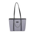 Blue denim tote bag with black leather straps and silver chain detail for women - Blue