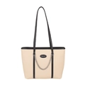 Minimalist beige canvas tote bag with black leather straps and silver metal chain detail - Apricot