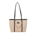 Large beige canvas tote bag with black leather trim, contrast stitching and chain link - Khaki