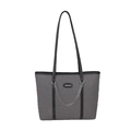 Grey denim tote bag with black leather straps and decorative silver metal chain - Black