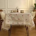 Rustic linen tablecloth with red cherry embroidery and elegant white tassel fringe - 60*60cm / Cherry Embroidery (Red)