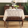 French retro cream lace tablecloth with tulip embroidery and tassel decorative fringe - 140x100 / Beige Small Tulip