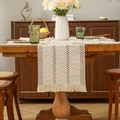 Beige woven table runner with geometric texture and tassel fringe on a wooden table - 30*45 / Off White