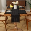 Black striped cotton linen table runner set with tassels for rustic home dining decor - Black