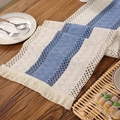 Striped cotton linen table runner with blue patterns and handmade tassels on wood - 30*45cm / Blue Fringe