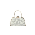 Off-white evening clutch bag with lace flower patterns and sparkling rhinestones - Silver