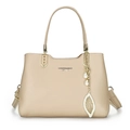 Borsa tote beige con motivo litchi, ciondolo a foglia dorata e tracolla regolabile - Cachi (0388)