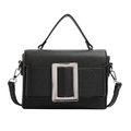 Elegant black lychee leather handbag featuring a prominent silver metal square buckle - Black