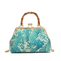 Retro Chinese style blue wave pattern handbag with bamboo handle and metal chain - Green