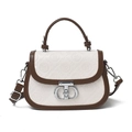 Retro white and brown embossed saddle bag with panda logo and silver turn-lock - Cream and Brown