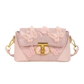 Pink lace butterfly handbag with 3D embroidery and gold metal T-clasp shoulder strap - Pink