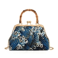 Blue wave pattern oriental handbag with bamboo handle and gold chain strap - Blue