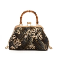 Retro wave print handbag with bamboo handle and gold chain strap on white background - Black