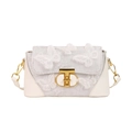 Chic beige shoulder bag featuring exquisite lace butterfly embroidery and gold clasp - White