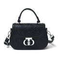 Elegant black embossed saddle bag with GSTH pattern and silver metallic clasp for women - Black