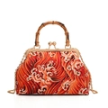 Red retro wave print handbag with bamboo handle and gold chain strap in variant color - Red