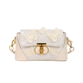 Beige square crossbody bag with delicate 3D butterfly embroidery and gold metal lock - Beige