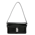Chic black glossy leather shoulder bag with a sleek silver metallic buckle closure - Black