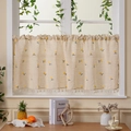 Linen cafe curtain with yellow cherry embroidery and beige tassels for windows - 180*60 / Yellow Cherry