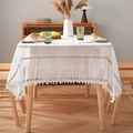 Minimalist white rectangle tablecloth with pom-pom tassels on a wooden dining table - 100*140cm / White