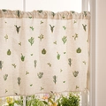 Linen cafe curtain with green cactus embroidery and tassels for kitchen small windows - Small Style / Cactus Tassel Style