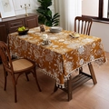 Retro mustard yellow floral tablecloth with elegant white tassels for dining table - Warm Brown