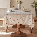 Waterproof linen tablecloth with yellow floral embroidery and white fringe tassels - 150*260 / Green Leaf Anise Flower