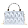 Silver metallic clutch bag with V-shaped embossing and gold chain shoulder strap - Silver