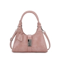 Retro pale pink minimalist handbag with silver lock and round handle on white background - Pink