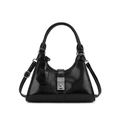 Elegante borsa a mano in pelle lucida nera con chiusura in argento e tracolla rimovibile - Nero